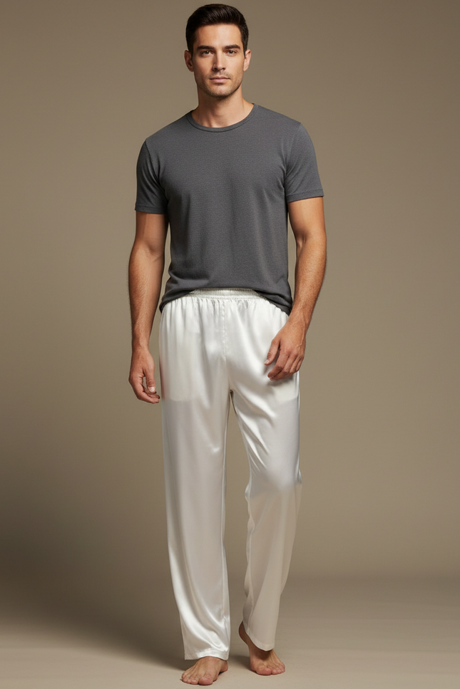 Pantalon Chinois Blanc Satin Fluide Élégant Homme
