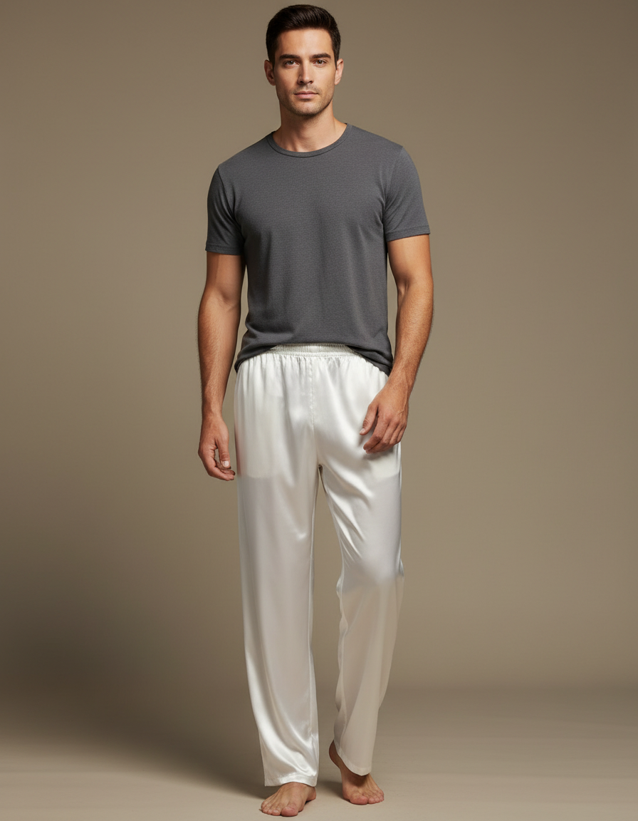 Pantalon Chinois Blanc Satin Fluide Élégant Homme
