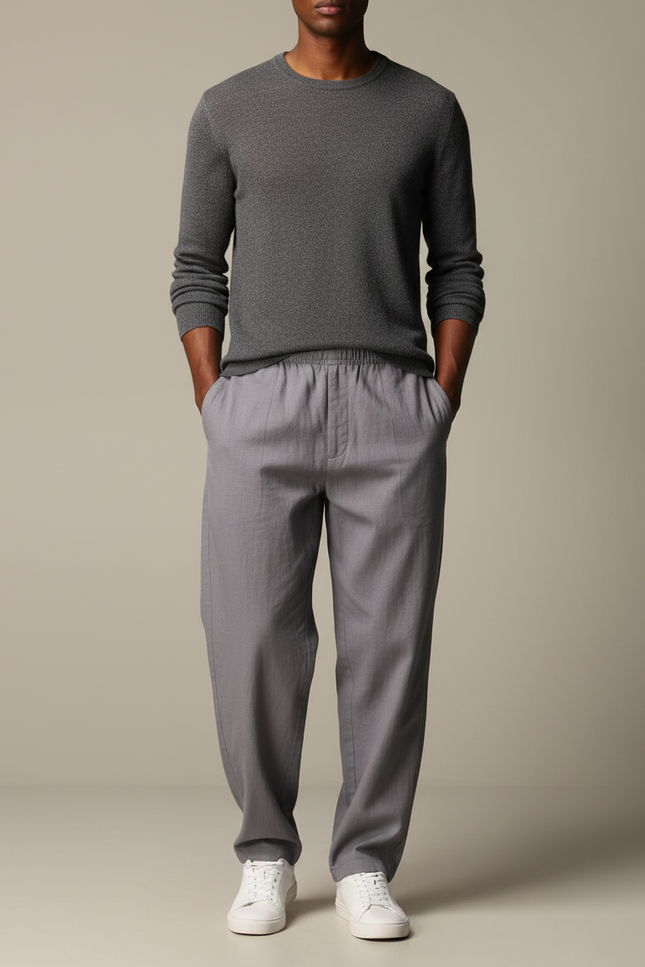 Pantalon Chinois Gris Ample Lin Élastique Confortable