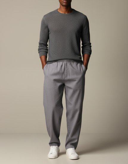 Pantalon Chinois Gris Ample Lin Élastique Confortable