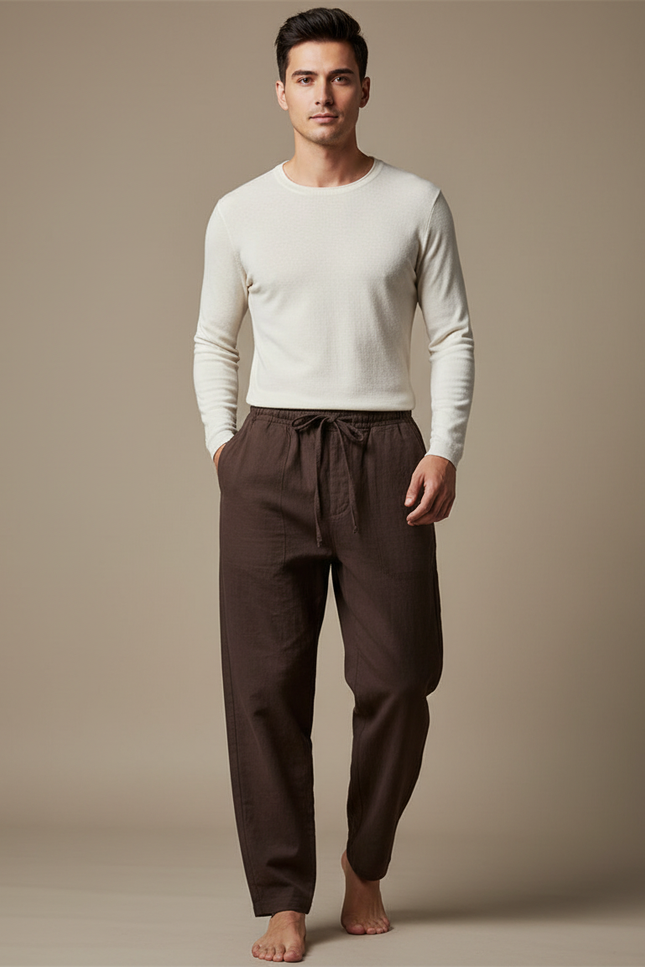 Pantalon Chinois Marron Ample Coton Lin Décontracté