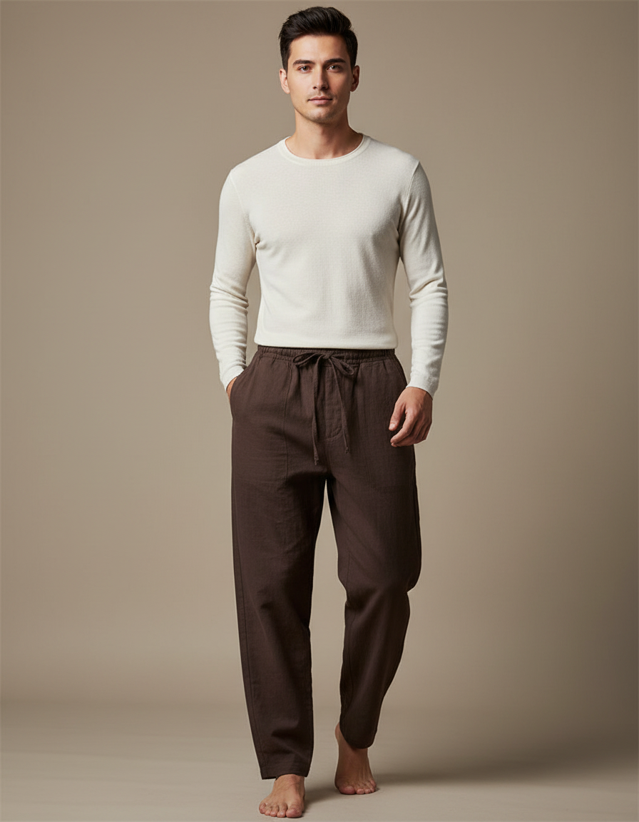 Pantalon Chinois Marron Ample Coton Lin Décontracté