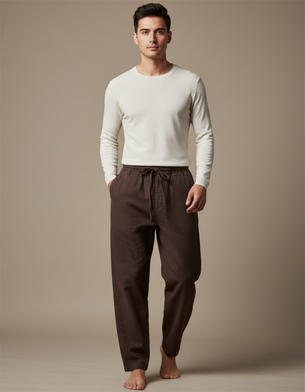 Pantalon Chinois Marron Ample Coton Lin Décontracté