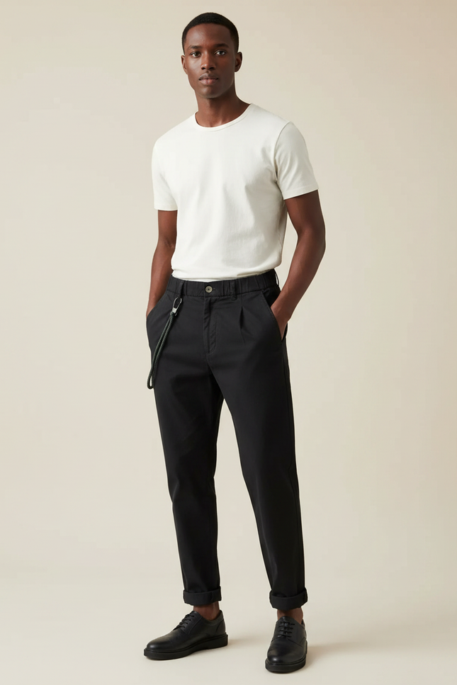 Pantalon Chinois Noir Coton Plissé Décontracté Homme