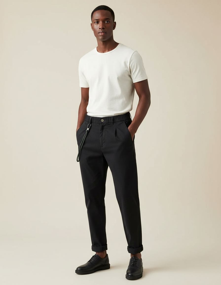 Pantalon Chinois Noir Coton Plissé Décontracté Homme