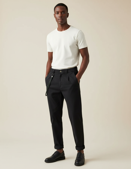 Pantalon Chinois Noir Coton Plissé Décontracté Homme