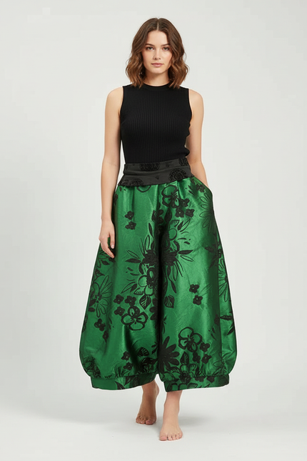 Pantalon Chinois Vert Satin Ample Imprimé Floral Élégant