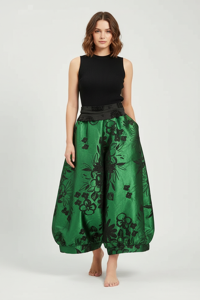 Pantalon Chinois Vert Satin Ample Imprimé Floral Élégant