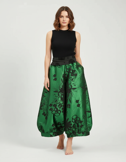 Pantalon Chinois Vert Satin Ample Imprimé Floral Élégant