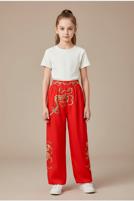 Pantalon Chinois Rouge Ample Doré Brodé Enfant - Polyester