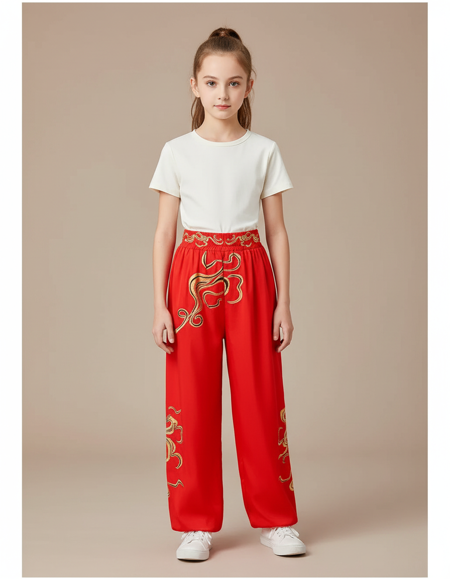Pantalon Chinois Rouge Ample Doré Brodé Enfant - Polyester
