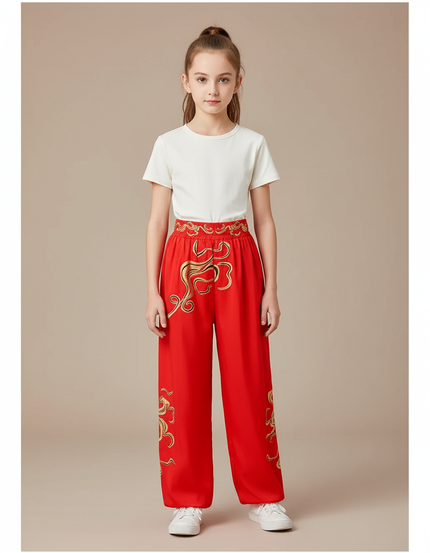 Pantalon Chinois Rouge Ample Doré Brodé Enfant - Polyester