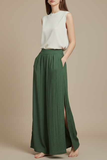 Pantalon Chinois Vert Ample Plissé Fendu Fluide - Viscose