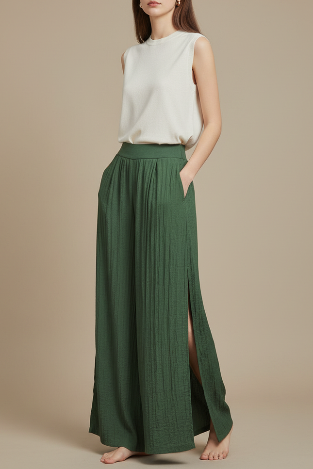 Pantalon Chinois Vert Ample Plissé Fendu Fluide - Viscose