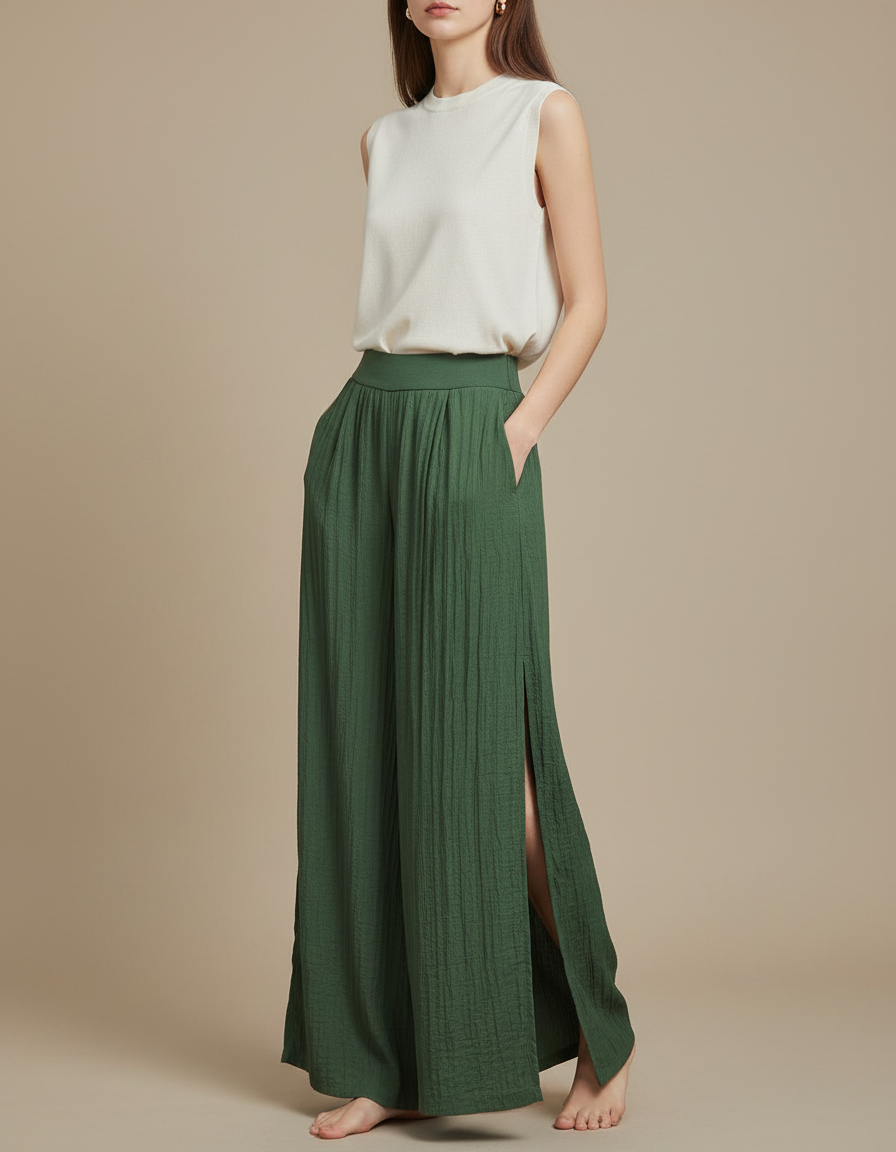 Pantalon Chinois Vert Ample Plissé Fendu Fluide - Viscose