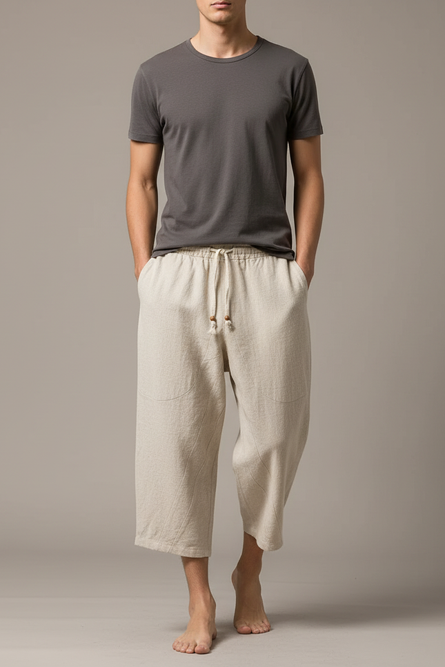 Pantalon Chinois Lin Coton Court Ample Homme - Beige