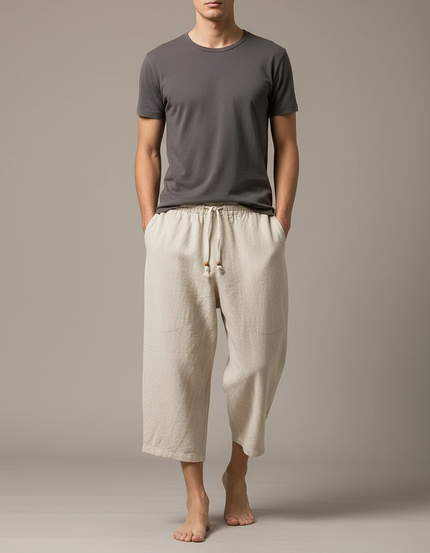 Pantalon Chinois Lin Coton Court Ample Homme - Beige