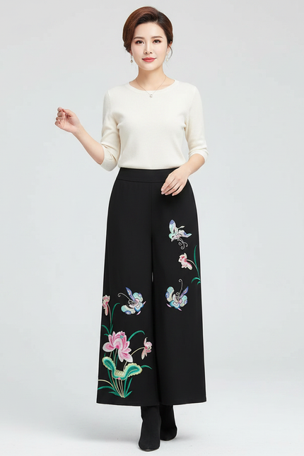 Pantalon Chinois Femme Noir Large Soie - Polyester