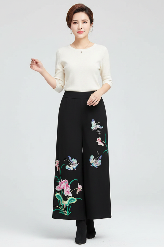 Pantalon Chinois Femme Noir Large Soie - Polyester