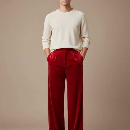 Pantalon Chinois Rouge Velours Ample Élégant Homme