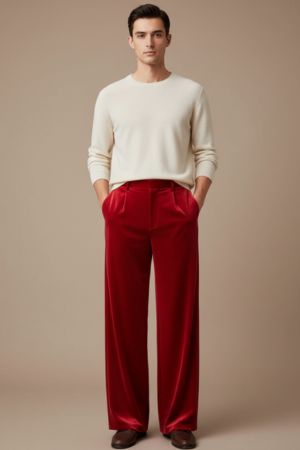 Pantalon Chinois Rouge Velours Ample Élégant Homme