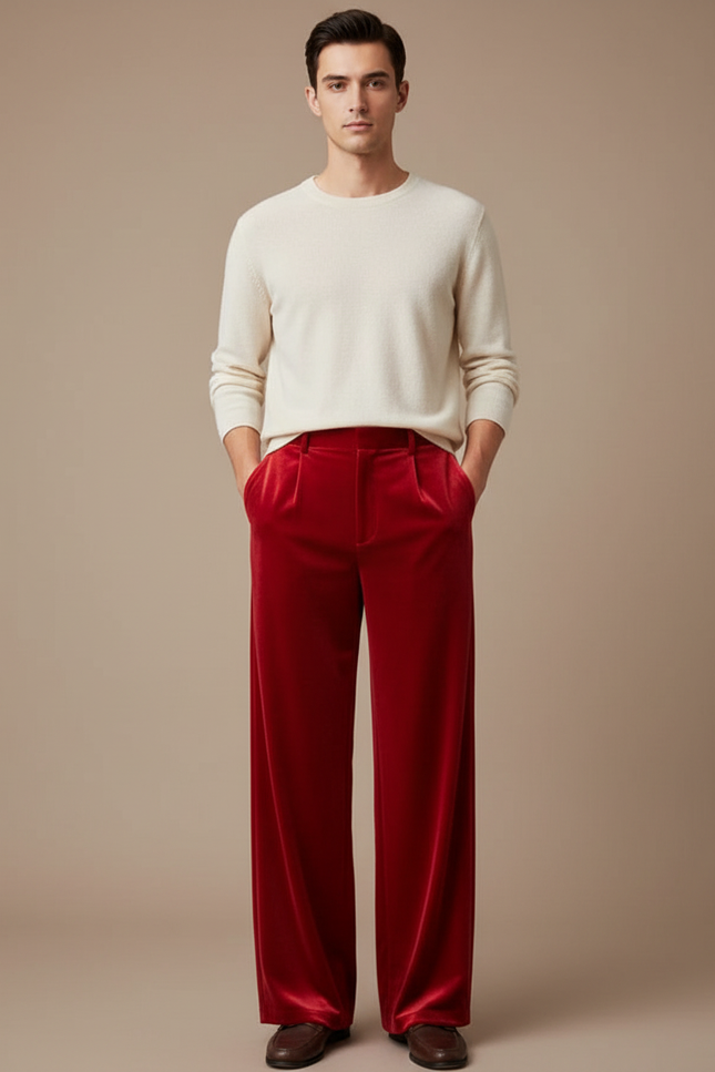 Pantalon Chinois Rouge Velours Ample Élégant Homme