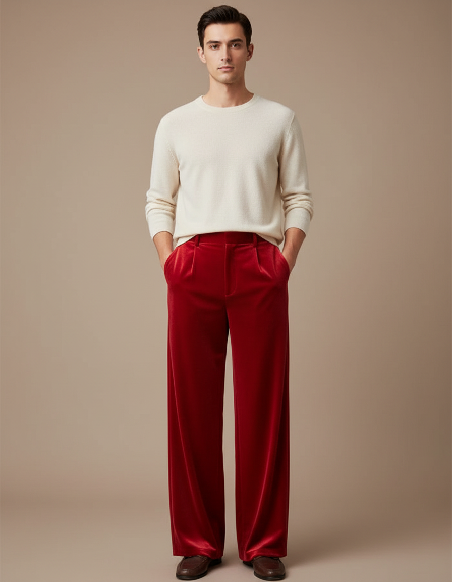 Pantalon Chinois Rouge Velours Ample Élégant Homme