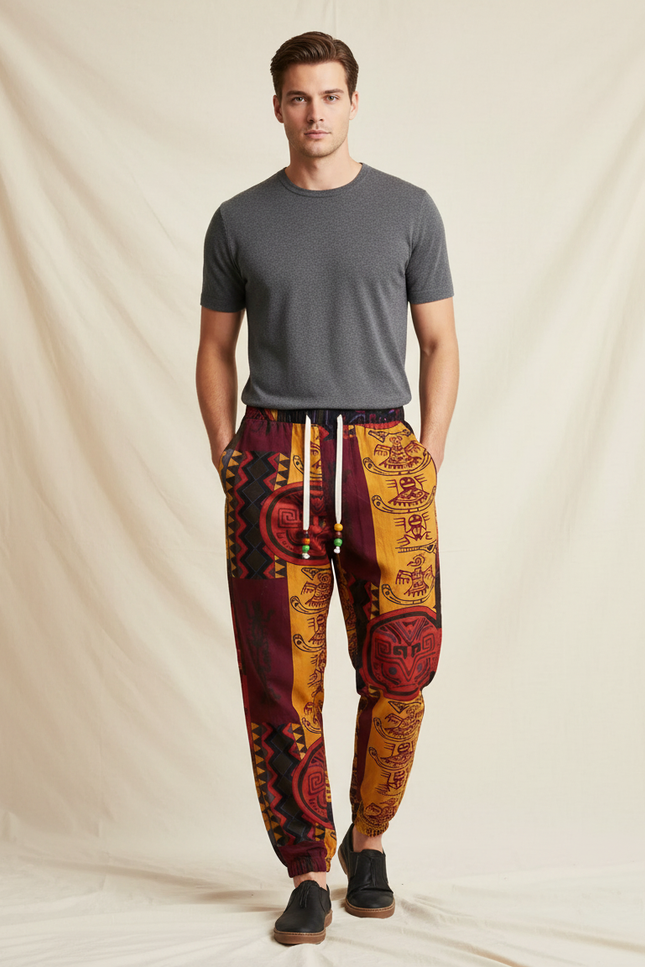 Pantalon Chinois Ethnique Imprimé Ample Cordon Léger - Multicolore Coton