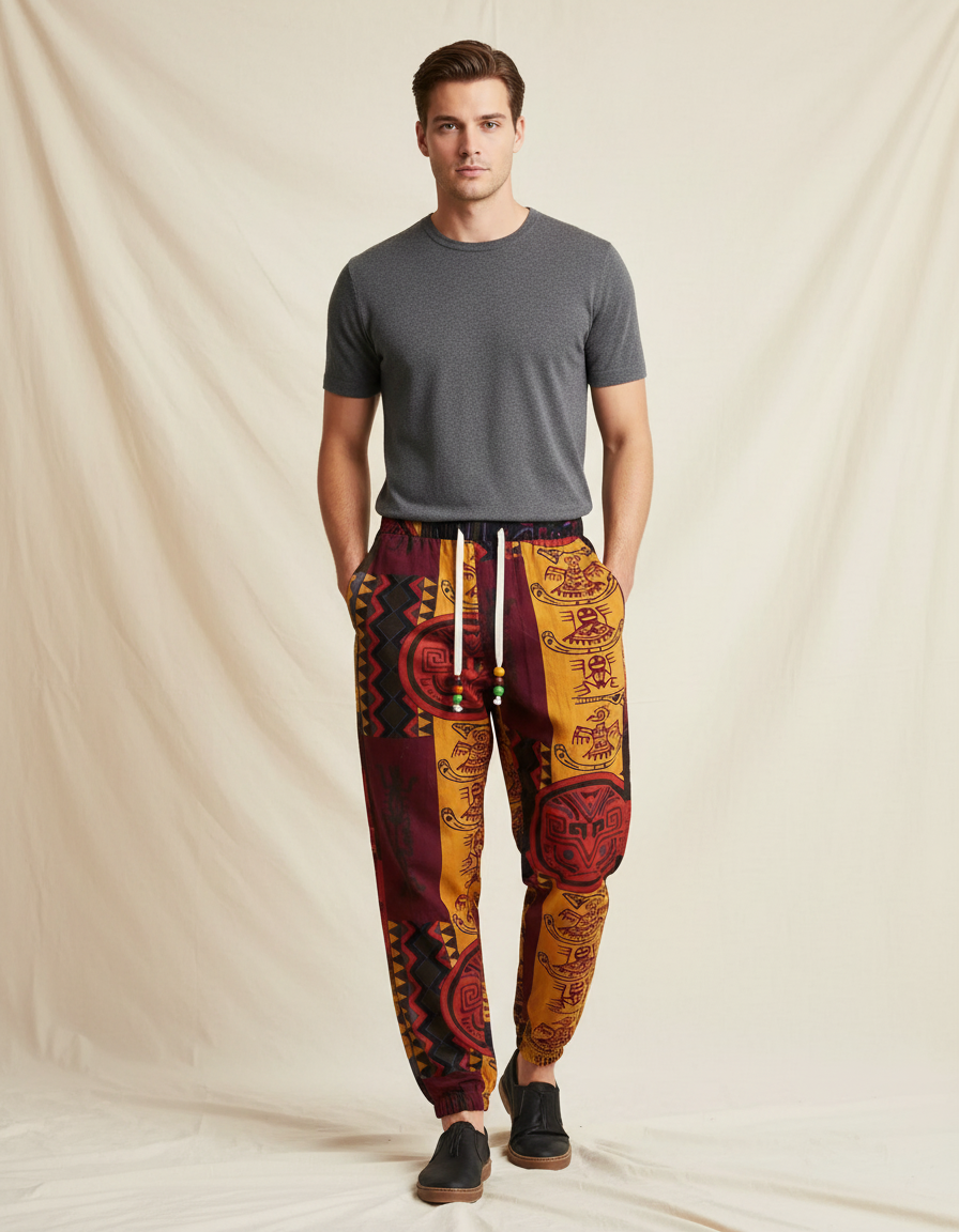 Pantalon Chinois Ethnique Imprimé Ample Cordon Léger - Multicolore Coton
