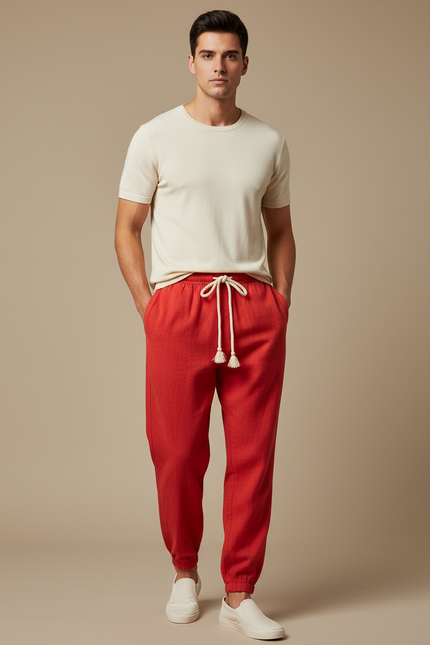 Pantalon Chinois Rouge Cordon Ample Décontracté Coton