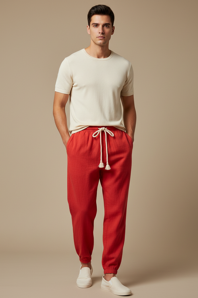 Pantalon Chinois Rouge Cordon Ample Décontracté Coton