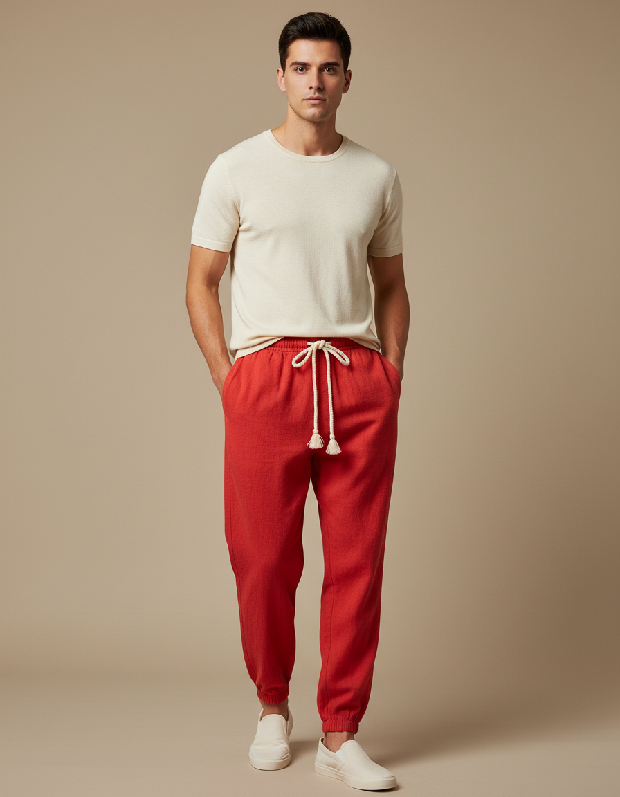 Pantalon Chinois Rouge Cordon Ample Décontracté Coton