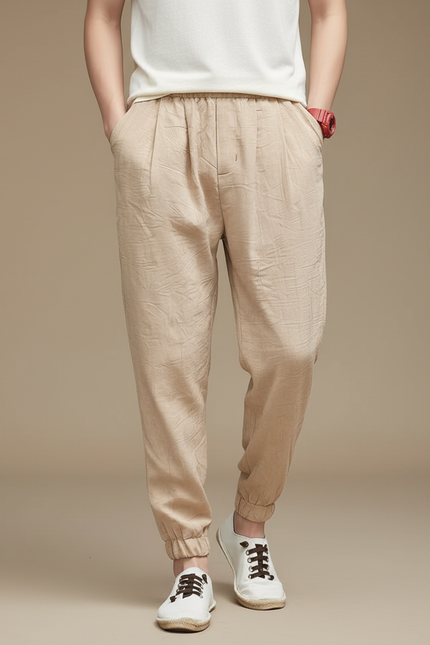 Pantalon Chinois Beige Lin Coton Ample Léger