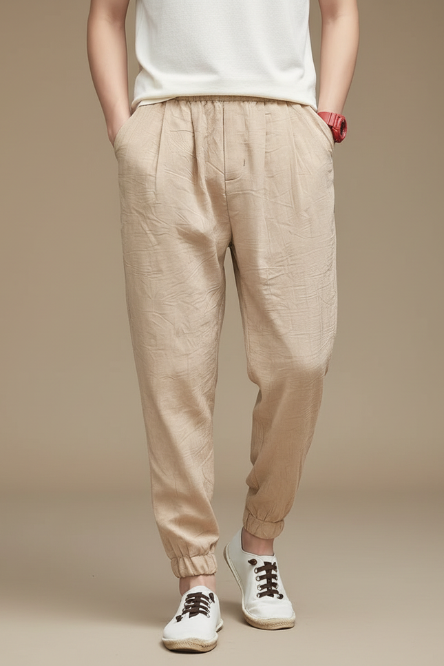 Pantalon Chinois Beige Lin Coton Ample Léger