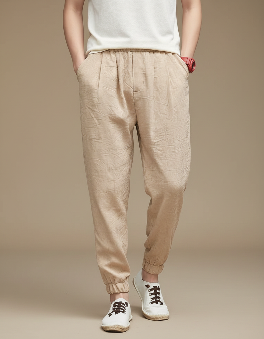 Pantalon Chinois Beige Lin Coton Ample Léger