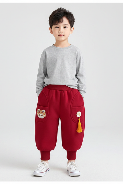 Pantalon Chinois Rouge Velours Épais Hiver Enfant