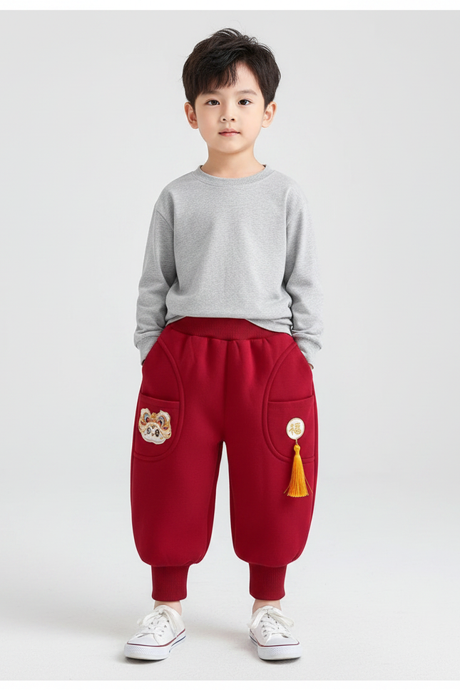 Pantalon Chinois Rouge Velours Épais Hiver Enfant