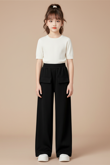 Pantalon Chinois Noir Ample Décontracté Enfant Taille Haute - Molleton