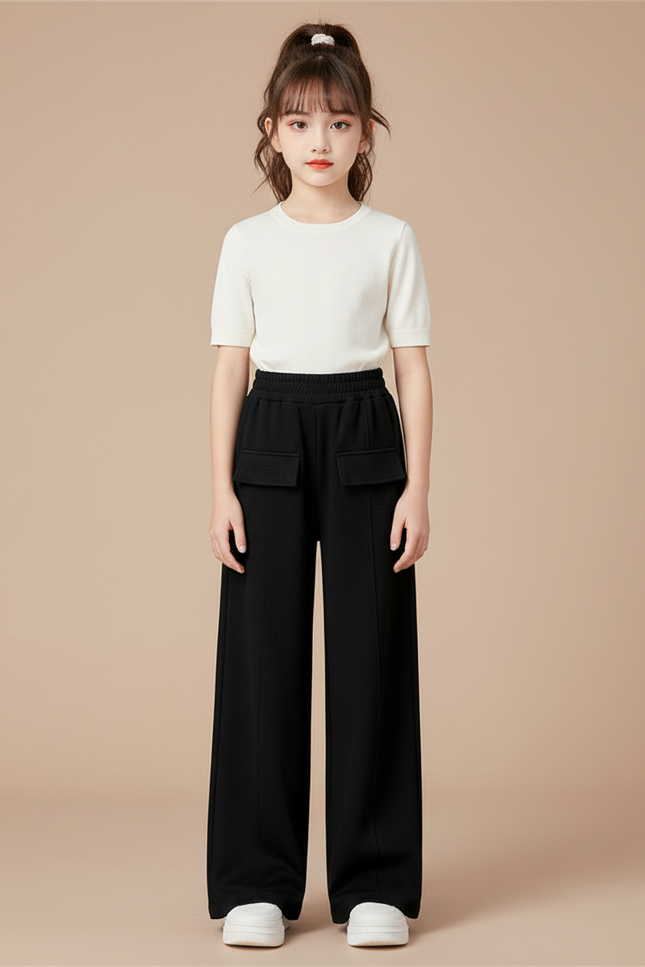 Pantalon Chinois Noir Ample Décontracté Enfant Taille Haute - Molleton