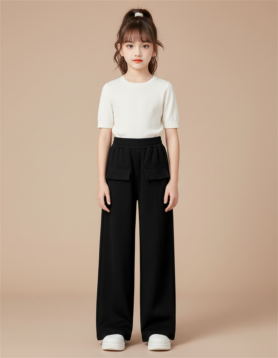 Pantalon Chinois Noir Ample Décontracté Enfant Taille Haute - Molleton