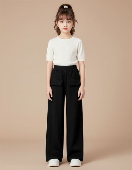 Pantalon Chinois Noir Ample Décontracté Enfant Taille Haute - Molleton
