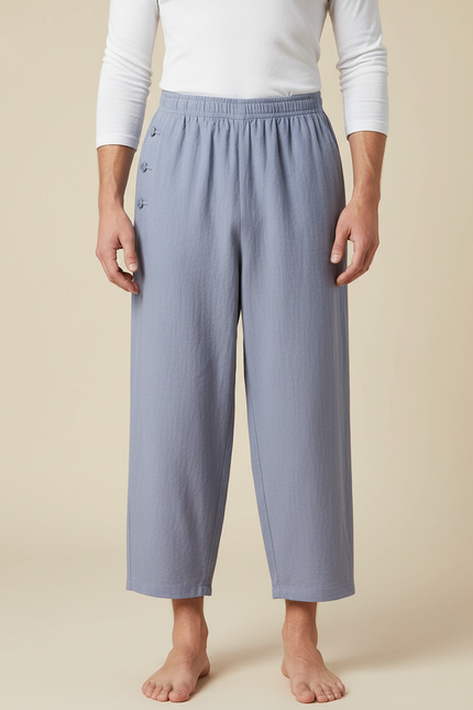 Pantalon Chinois Gris Ample Coton Lin Boutons - Bleu