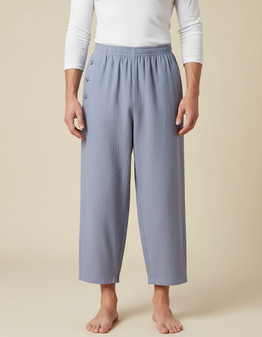 Pantalon Chinois Gris Ample Coton Lin Boutons - Bleu