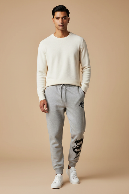 Pantalon Chinois Gris Décontracté Dragon Imprimé Homme - Molleton