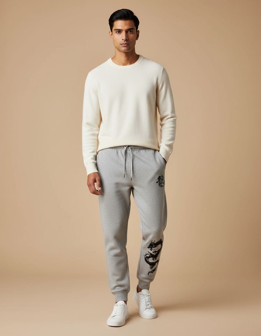 Pantalon Chinois Gris Décontracté Dragon Imprimé Homme - Molleton
