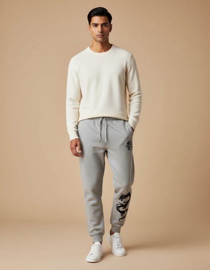 Pantalon Chinois Gris Décontracté Dragon Imprimé Homme - Molleton