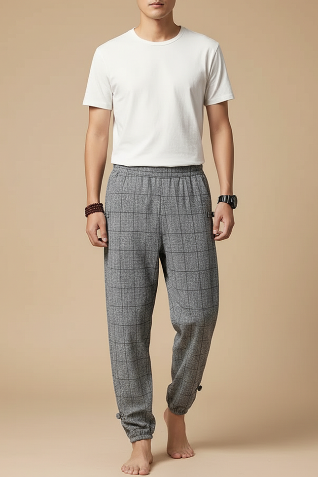 Pantalon Chinois Treillis Gris Ample Coton Chevilles Élastiques - Tweed