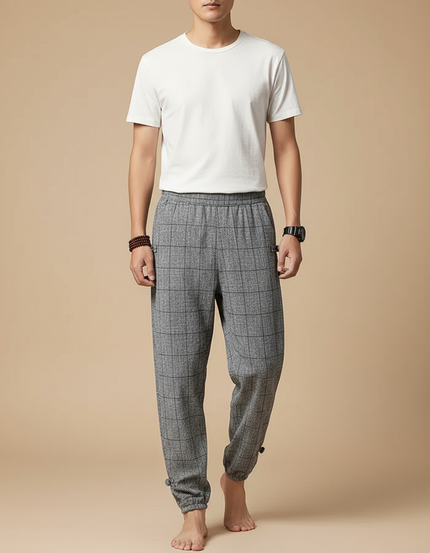 Pantalon Chinois Treillis Gris Ample Coton Chevilles Élastiques - Tweed