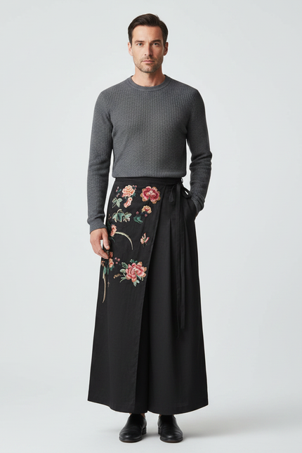 Pantalon Chinois Noir Brodé Floral Ample Ethnique - Viscose