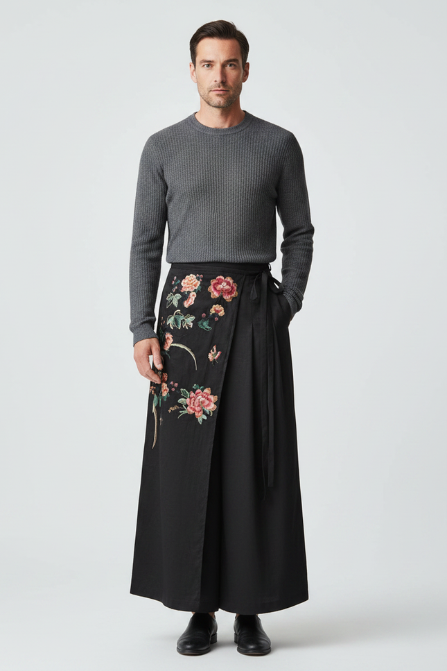 Pantalon Chinois Noir Brodé Floral Ample Ethnique - Viscose